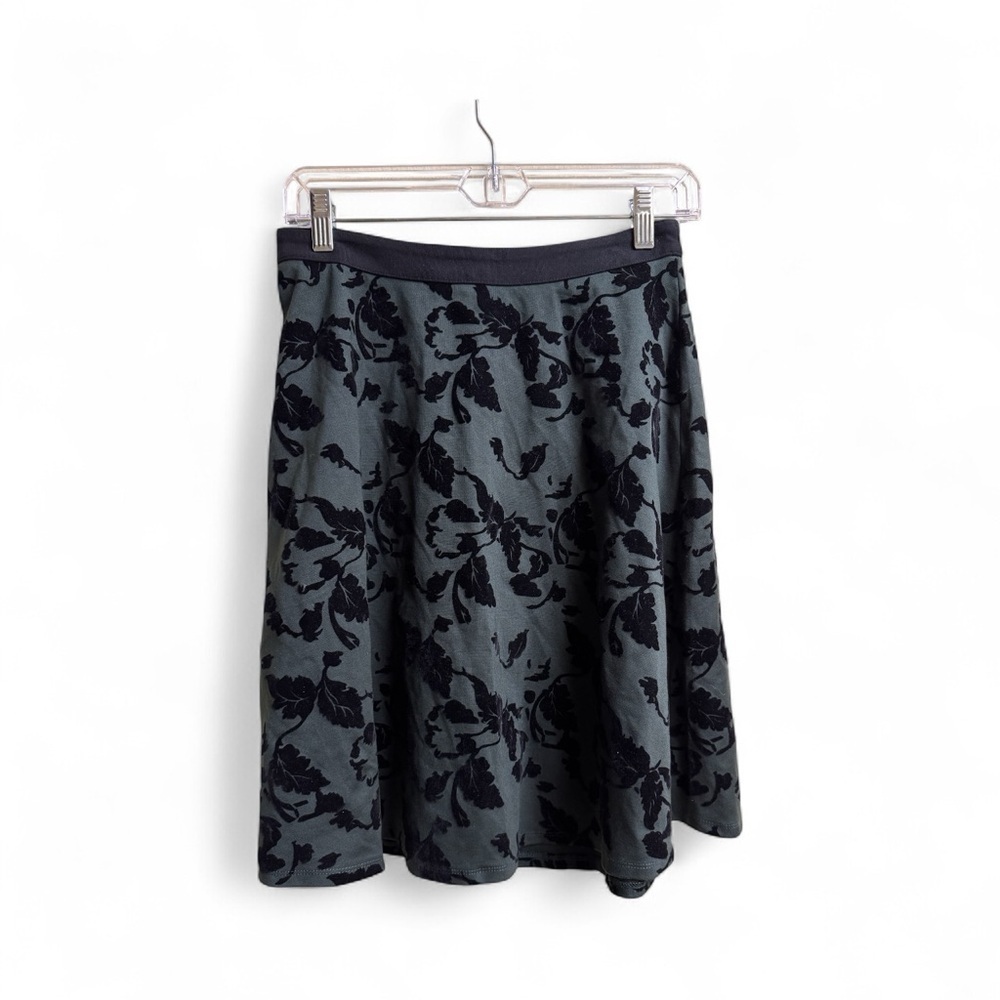 Carmen Velvet Flocked Floral Skirt Black Green Stretch Waist Holiday Party Sz S
